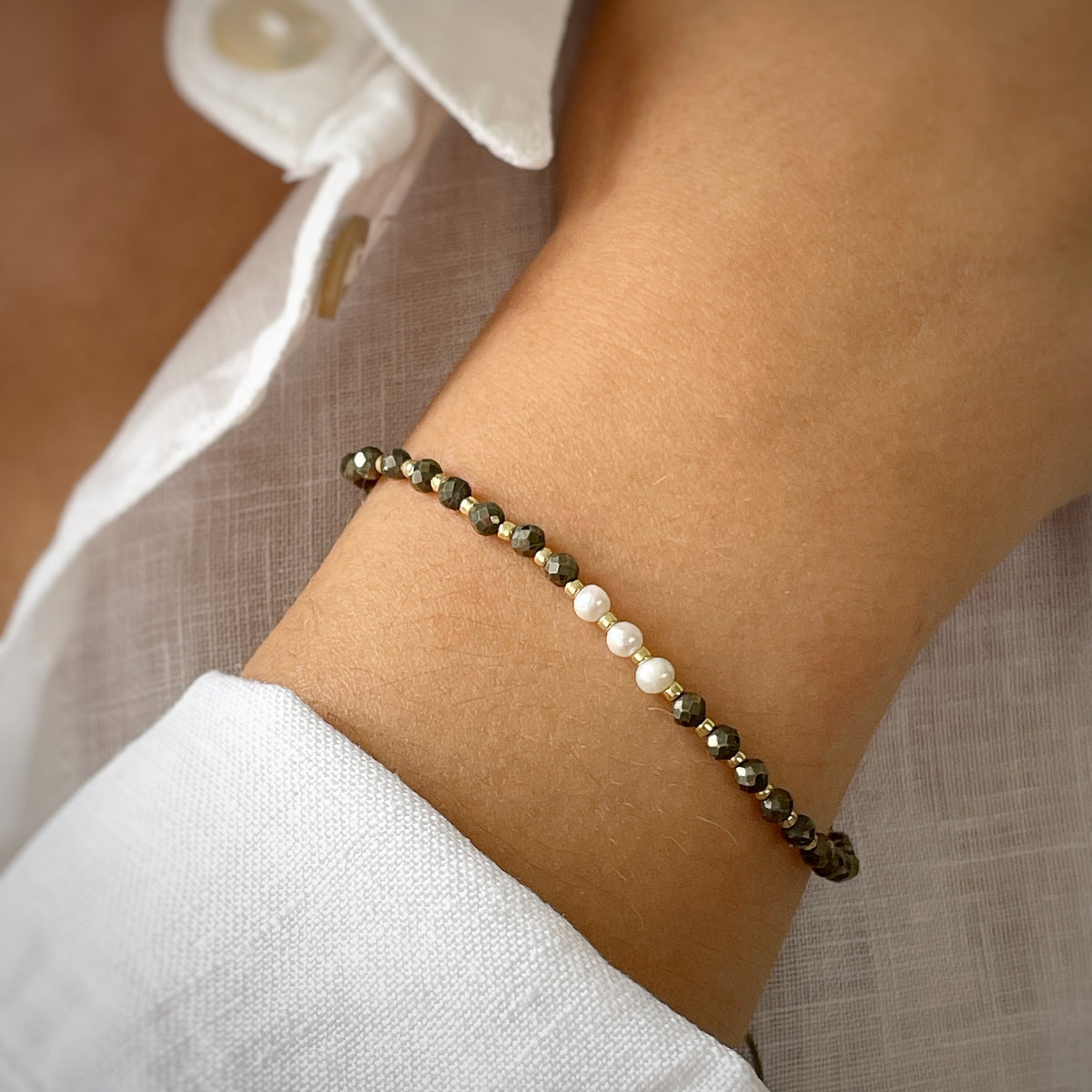 Bracelet Perles Pyrite 4 Mm - Origine Pérou - Longueur 15-16 Cm - Neuf Avec étiquettes - Pierre Naturelle Grise